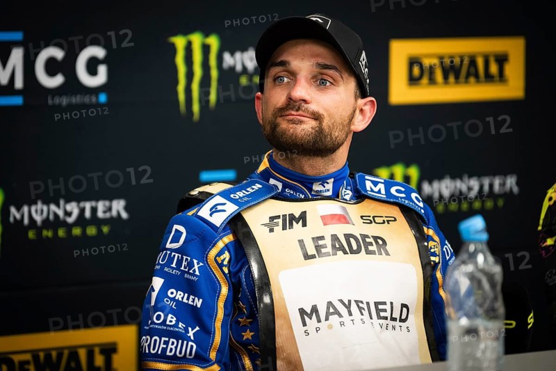 WROCLAW, POLAND - JUNE 20, 2026: DEWALT FIM Speedway GP of Poland. Speedway rider at press conference. Winner Bartosz Zmarzlik