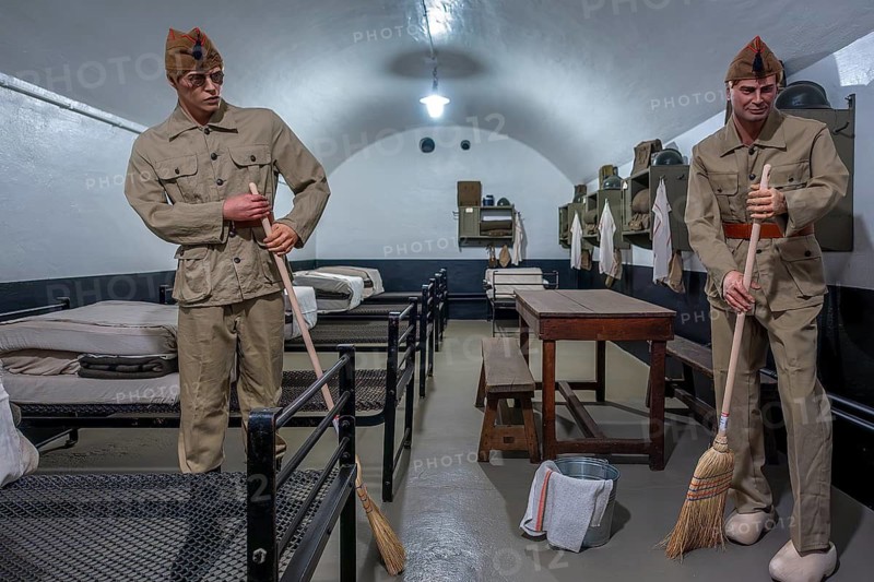 Underground bunker barracks with beds inside Fort Eben-Emael, Belgian WW2 fortress in Wallonia during the Second World War Two in Belgium