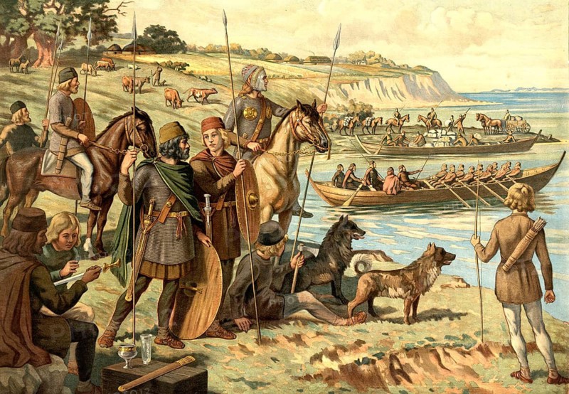 A scene from the Iron Age or the Migration Period (c. 400–600 AD) in Scandinavia. In the foreground are warriors on horseback and on foot, carrying round wooden shields typical of the period, along with spears, chain mail and ornate helmets, all modelled on archaeological finds. Rowing boats can be seen on the water in the background, their design corresponds exactly to that of the famous Nydam ship. School illustration, reproduction of a 19th-century original. School picture, wall hanging, authentic, file restored for optimal use, exact date of the original unknown, historical