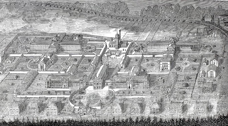 Historical engraving from 1877 depicting the plans for the Prussian penitentiary at Plötzensee near Berlin, Germany, illustration, reproduction from a model from the 19th century. Authentic, file restored for optimal use, exact date of submission unknown, historical
