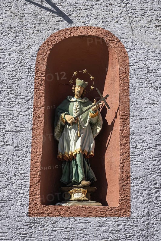 Statue of St. Nepomuk at a town house in the historic old town of Rottweil, Rottweil district, Baden-Württemberg, Germany