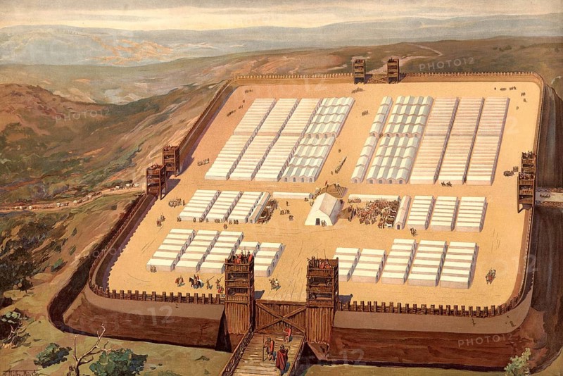 Castra Romana, Roman military camp. The camp is surrounded by a deep ditch, an earthen wall and a palisade wall or wooden wall with defensive towers, around 40 BC, school painting, illustration, reproduction from a model from the 19th century. School picture, mural, authentic, file restored for optimal use, exact date of original unknown, historical
