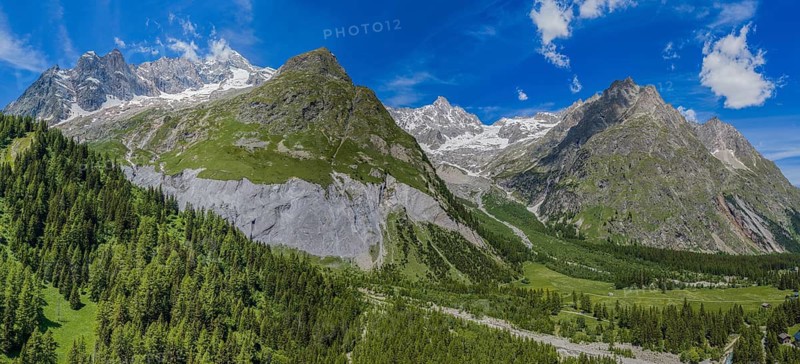 Panorama view of mountain range of Mt. Dolent, valley Val Ferret, Val de Ferret, Valais, Switzerland