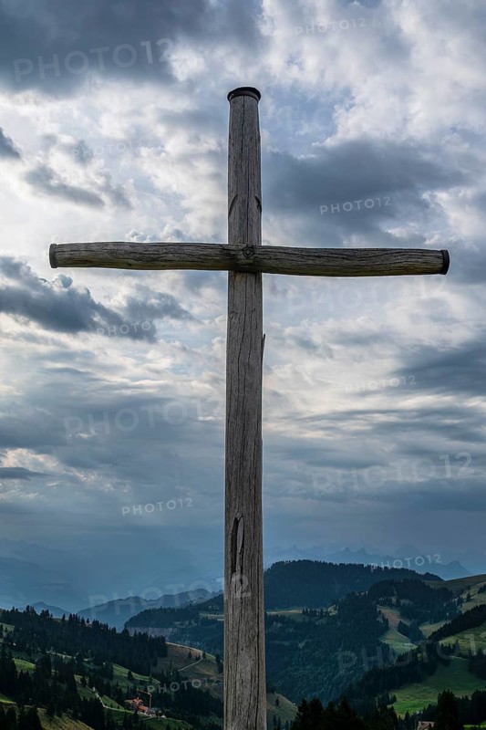 Wooden cross and storm clouds, Rigi Staffel, Arth, Switzerland