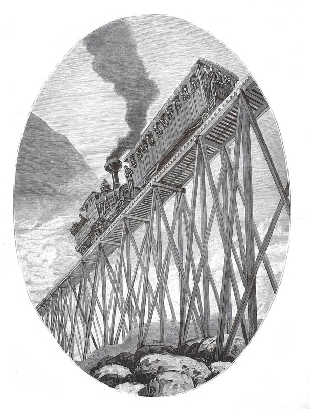 Mount Washington Cog Railway in New Hampshire, USA. You can see a historic cogwheel train climbing an extremely steep wooden scaffolding viaduct, Trestle bridge, called Jacob's Ladder, Jacob's Ladder, illustration, reproduction from a 19th century model. Authentic, file restored for optimal use, exact date of submission unknown, historical
