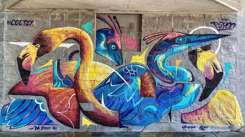 Street art in Buenos Aires with colorful flamingos and herons, Buenos Aires, Argentina