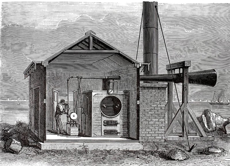 Historic steam-powered fog siren, Brown's Steam Powered Fog Siren, on a US coast from the late 19th century, illustration, reproduction from a 19th-century model. Authentic, file restored for optimal use, exact date of submission unknown, historical