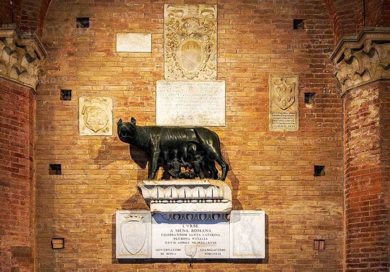 Romolus and Remus depiction in the Gothic Town Hall of Palazzo Pubblico, Siena, Tuscany, Italy