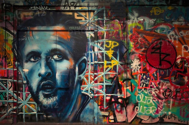 Portrait of English soccer player Harry Kane, legal, temporary graffiti in the graffiti tunnel, Leake Street Arches, London, England, Great Britain, Great Britain