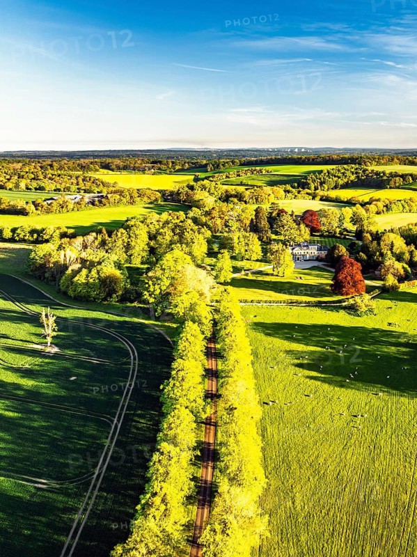 Fields and Farms over Horsebridge nad Stockbridge from a drone, Hampshire, England, United Kingdom