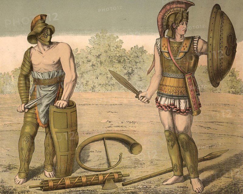 This historical illustration shows a Roman gladiator on the left and a Greek warrior on the right. The Roman gladiator wears a helmet with a visor, an armguard, Manica, and holds a short sword, Gladius, and a large rectangular shield, Scutum. The Greek warrior is depicted wearing bronze-like armor, including an ornate chest armor, thorax, splints, greaves, and a Corinthian helmet, school image, illustration, reproduction from a 19th-century model. School picture, mural, authentic, file restored for optimal use, exact date of original unknown, historical