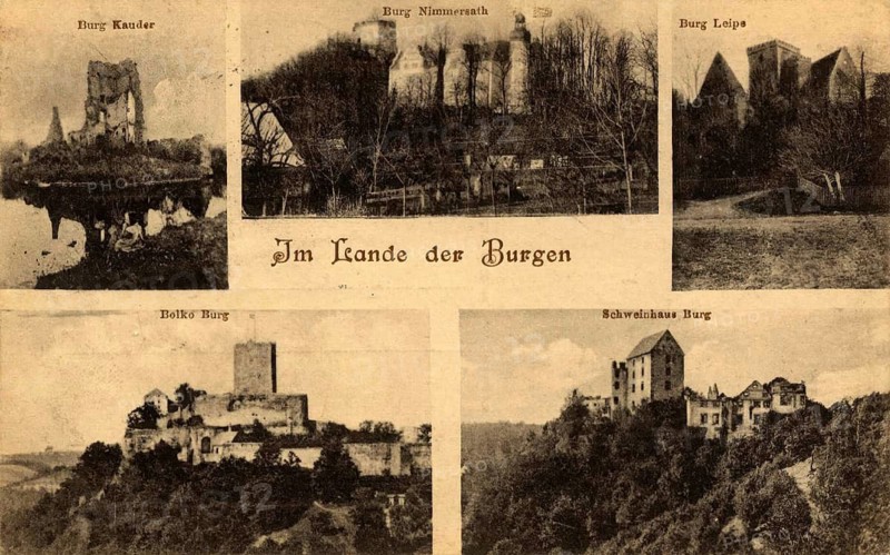 Various castles in Silesia under the title In the Land of Castles, Nimmersath Castle, Zamek Niesytno, Bolko Castle, Zamek Bolkow, as well as the ruins of Kauder, Leipa and Pighouse, Poland, authentic reproduction of an old picture postcard, around 1910, historical, exact date unknown
