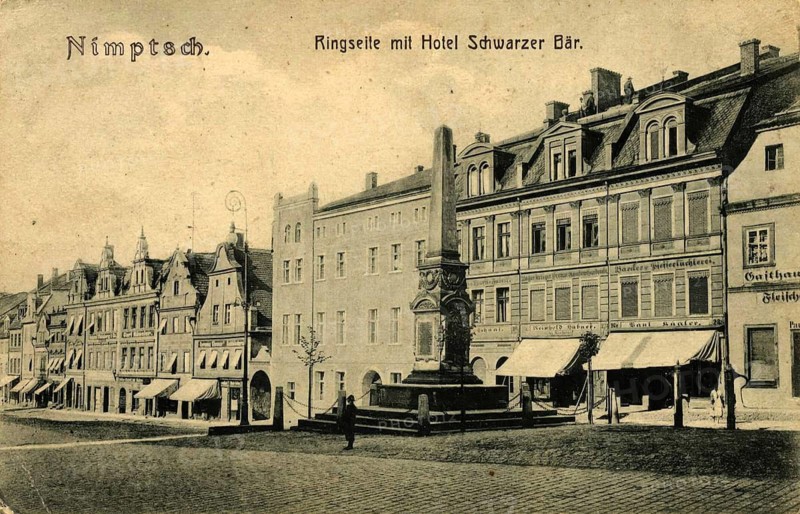 Picture shows the Ring, Market Square, the city of Nimptsch in Silesia, today Niemcza, Poland, with the Hotel Schwarzer Bär from around 1900, authentic reproduction of an old postcard, around 1910, historical, exact date unknown
