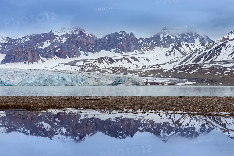 Fjortende Julibreen, 14th of July Glacier calving into Krossfjorden in spring, Haakon VII Land, Spitsbergen, Svalbard, Norway