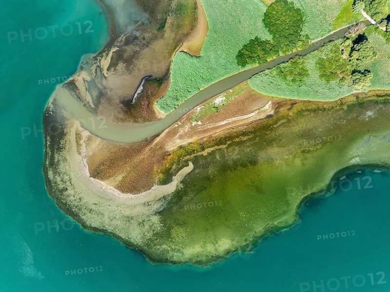 Aerial view, top-down view of the mouth of the Stockacher Aach at low tide flowing into Lake Überlingen. As a result of the deposits of entrained suspended matter and sediments from the inflow, the shore zone near Bodman-Ludwigshafen is gradually silting up. Lake Constance, District of Konstanz, Baden-Württemberg, Germany