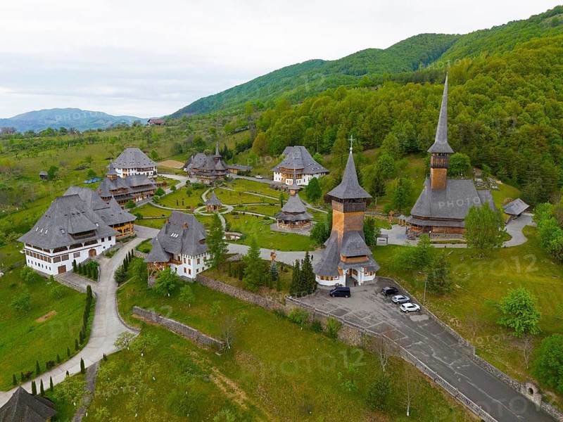 View of a quiet monastery with wooden structures surrounded by wooded hills, aerial view, Bârsana monastery, Barsana, Maramure?, Maramures, Maramuresh region, Romania