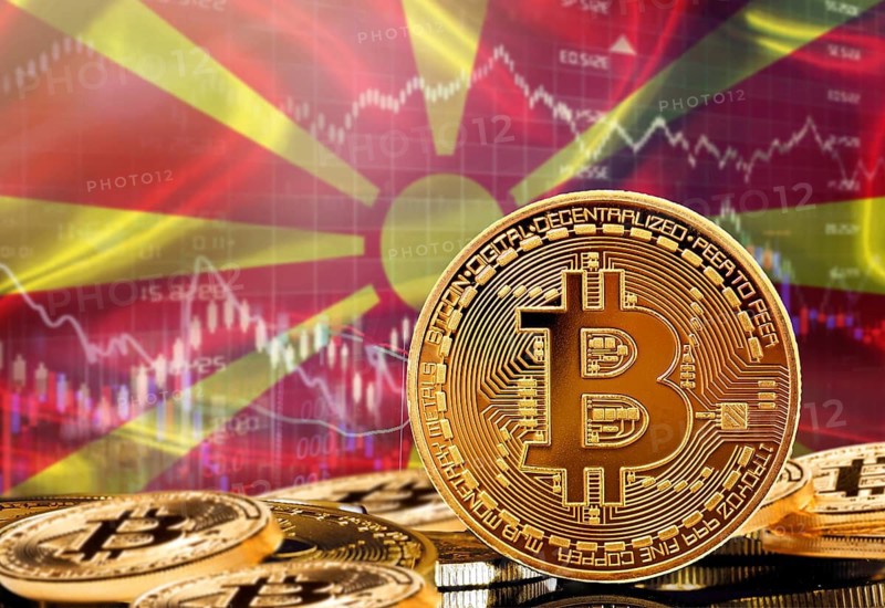 Investors in cryptocurrency and Blockchain Technology in North Macedonia, Concept. Bitcoin with Macedonian flag in the background