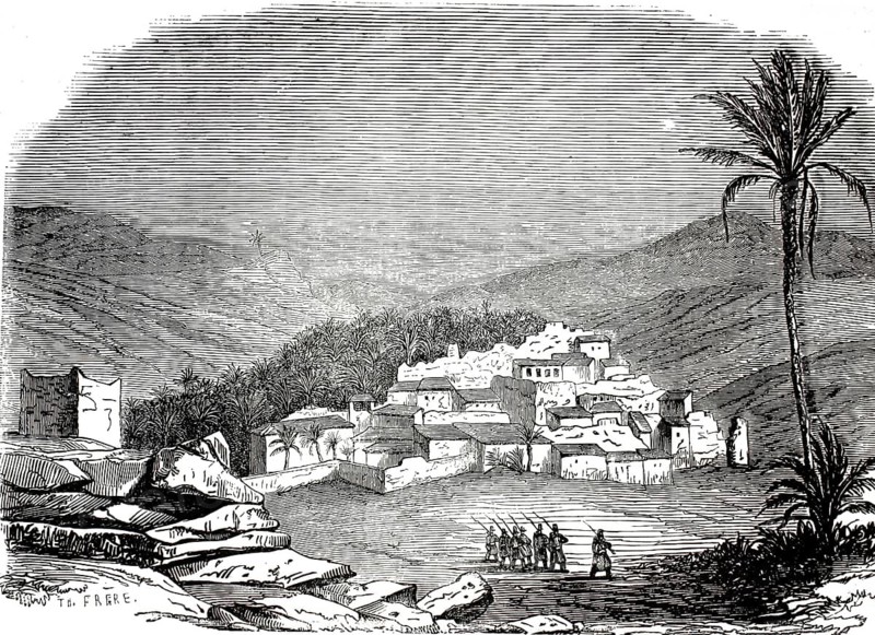 View of an oasis and settlement in Algeria, Moghrar-Foakania. In the foreground, a small group of soldiers or guards walks past a rocky valley. Behind it is a densely built settlement in the traditional Ksour style, surrounded by date palms and barren desert hills, illustration, reproduction from a 19th-century model. Authentic, file restored for optimal use, exact date of submission unknown, historical