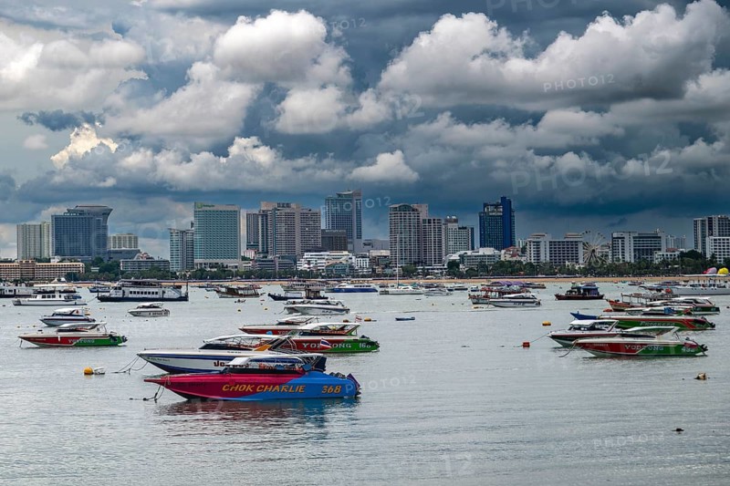 Skyline and speedboats, Pattaya, Thailand