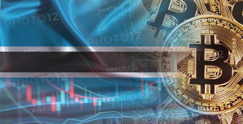 Bitcoin cryptocurrency with Botswana flag, Investors in Blockchain Technology. Botswanan flag with Bitcoin in the background