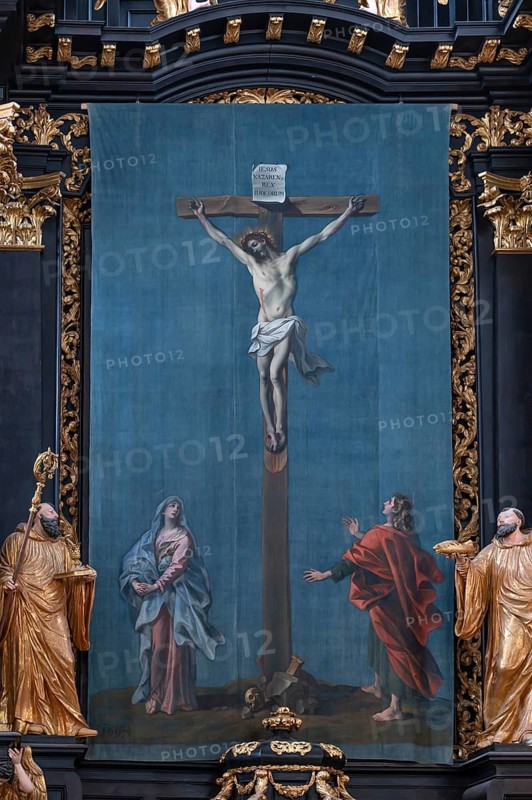 Lenten cloth from 1697 by Carl Reslfeld, on the high altar, parish church of the Assumption of Mary, the church is Baroque architecture of the 17th century, Garsten, Upper Austria