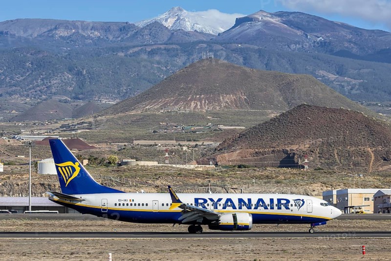 A Ryanair Boeing 737-8-200 MAX aircraft with the license plate EI-IKI at Tenerife airport, Spain