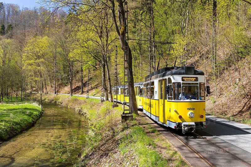 Kirnitzsch Valley Railway, historic tram in the Kirnitzsch Valley, Bad Schandau, Saxon Switzerland, Saxony, Germany
