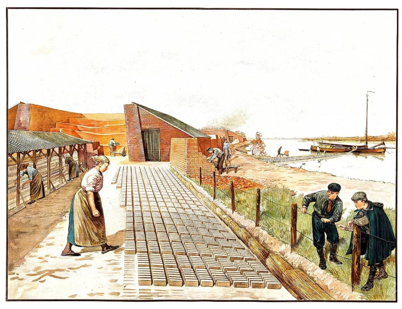 The traditional, manual brick making on a riverbank in the late 19th or early 20th century. In the foreground, a worker lays out freshly formed, still moist clay bricks in long rows on the floor to pre-dry. Dried bricks are already stored on the left under the canopies, while in the background you can see the actual oven, brick factory and ships for the removal of the building material, historical school painting or wall painting from around 1900, high-quality reproduction