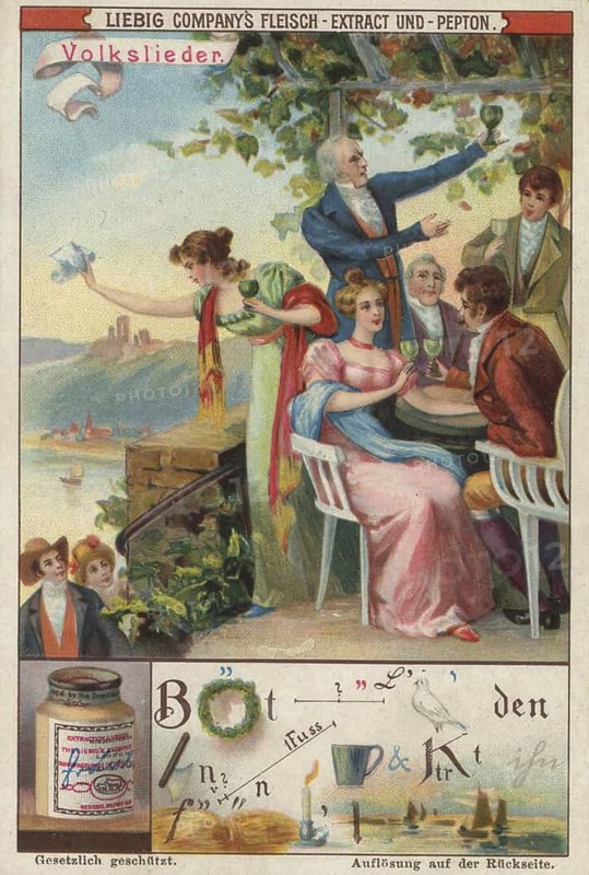 Picture series search game puzzles, rebus, folk songs, a scene of people drinking wine in a garden, matching the theme of the puzzle, favorite picture, digitally restored reproduction of a collector's painting from around 1900, exact date unknown