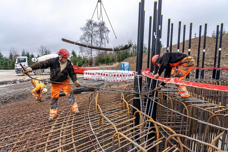 Assembly of reinforcing steel for the reinforced concrete foundation of a wind turbine, a mesh of rebar and rebar mesh, over 100 tons of reinforcing steel were used, the wind turbine will have a hub height of 160 meters, part of a new wind farm in Sauerland, near Balve, North Rhine-Westphalia, Germany