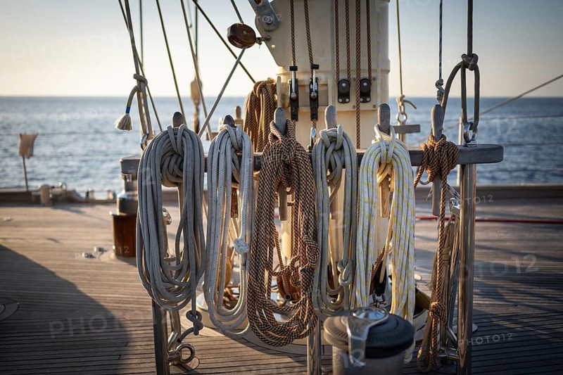 Holpins or nail nails stuck by board, including coffee nails, lines and ropes, deck area, sailing ship, Aeolian or Aeolian Islands, Sicily, Southern Italy, Italy