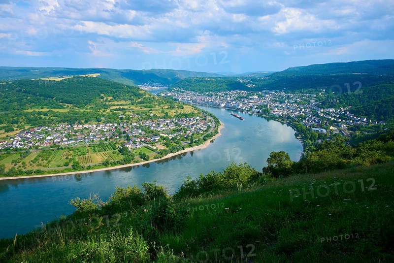 River crosses a valley with a city in the background and lush vegetation, Rheinschleife, Rhine, Boppard, Rheingau, Hesse, Germany