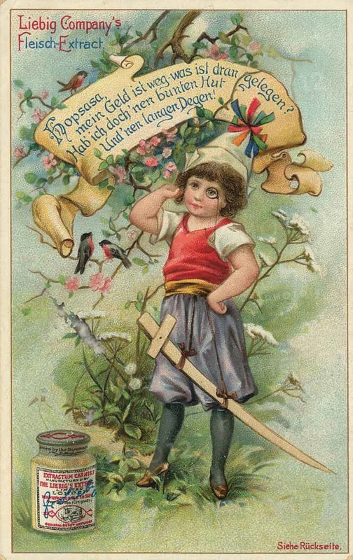 Children's Games series, a child in an illustrated scene with the well-known nursery rhyme Hopsasa, my money is gone, favorite picture, digitally restored reproduction of a collector's painting from around 1900, exact date unknown