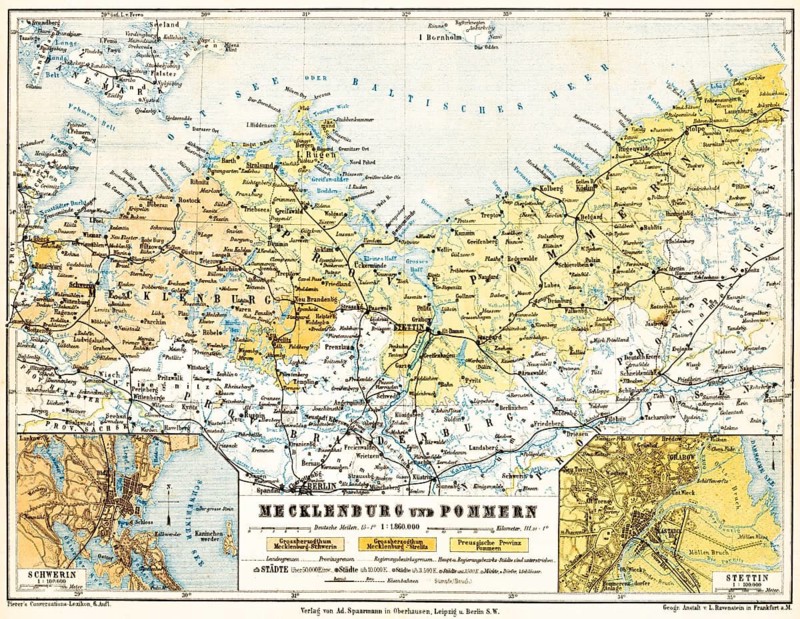 Map of Mecklenburg and Pomerania, city map of Schwerin and Szczecin, Grand Duchy of Mecklenburg-Strelitz, Mecklenburg-Schwerin, cartography, scale in German miles, railroad, or river, Rügen, Baltic Sea, Berlin, Fehmarn, Falster, names, geography, 19th century, color historical illustration 1891