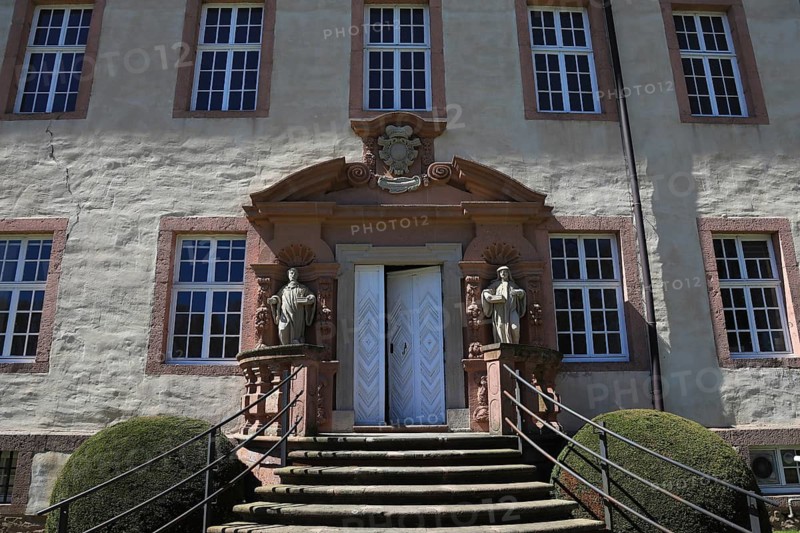 Portal on the east wing of the Baroque complex, Corvey, World Heritage Site, former Benedictine Abbey directly on the west bank of the Weser, city of Höxter, North Rhine-Westphalia, Germany