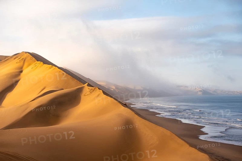 Sand dunes and sea with coastal fog in the morning, Atlantic coast and sandy desert with sea of dunes, Sandwich Harbour, Namib Naukluft Park, Namib Desert, Namibia