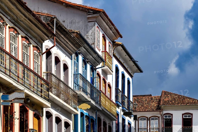 Typical colonial architecture of houses in the historic city of Ouro Preto in Minas Gerais, Ouro Preto, Minas Gerais, Brazil