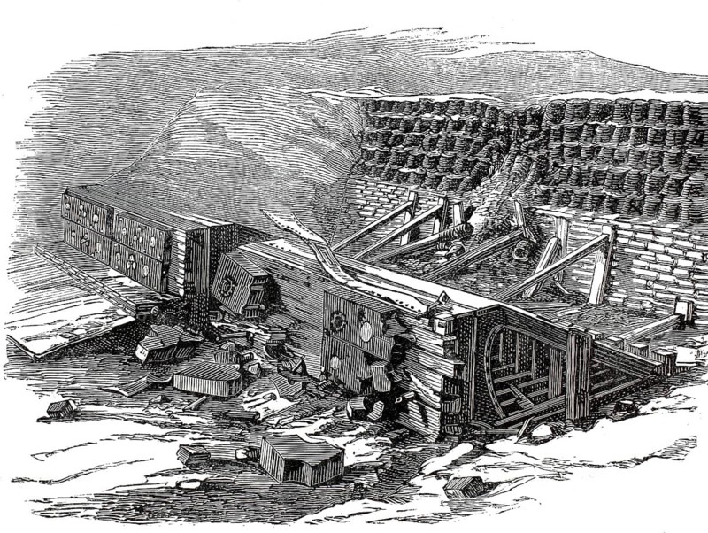 Tests of armor plates and guns in La Spezia, Italy, 1876, testing of a 100-ton gun against reinforced targets, here after testing, illustration, reproduction of a model from the 19th century. Authentic, file restored for optimal use, exact date of submission unknown, historical
