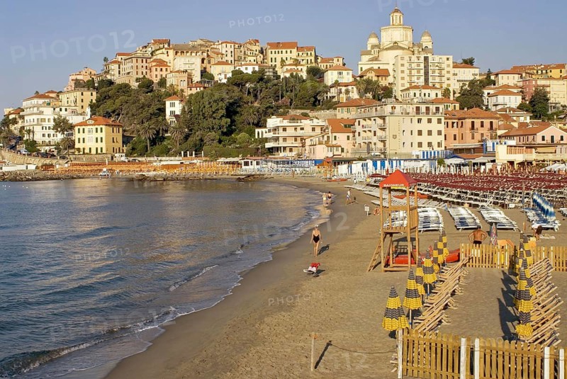 View of the beach and old town of the Porto Maurizio District of Imperia on the Ligurian coast, northwestern Italy