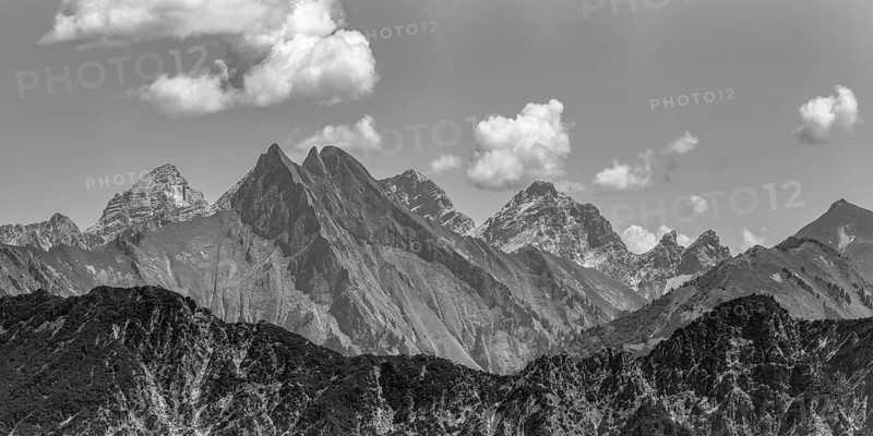Summer in the Alps, mountain panorama from Fellhorn 2037 m, of the green grassy Höfats, 2259 m, Hochvogel in the back left, 2592 m, and on the right Kleiner Wilder, 2306 m, Allgäu Alps, Bavaria, Germany