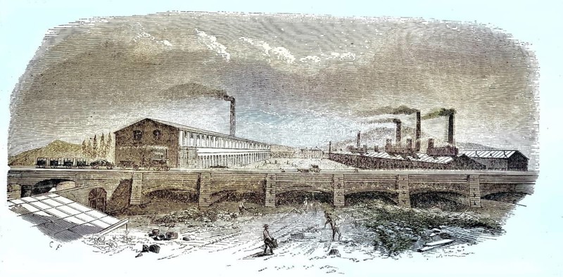 Vieille-Montagne work, Société Anonyme des Mines et Fonderies de Zinc de la Vieille-Montagne, work in Vieille-Montagne, reproduction from a 19th-century model. Authentic, file restored for optimal use, exact date of original unknown, nostalgically colored
