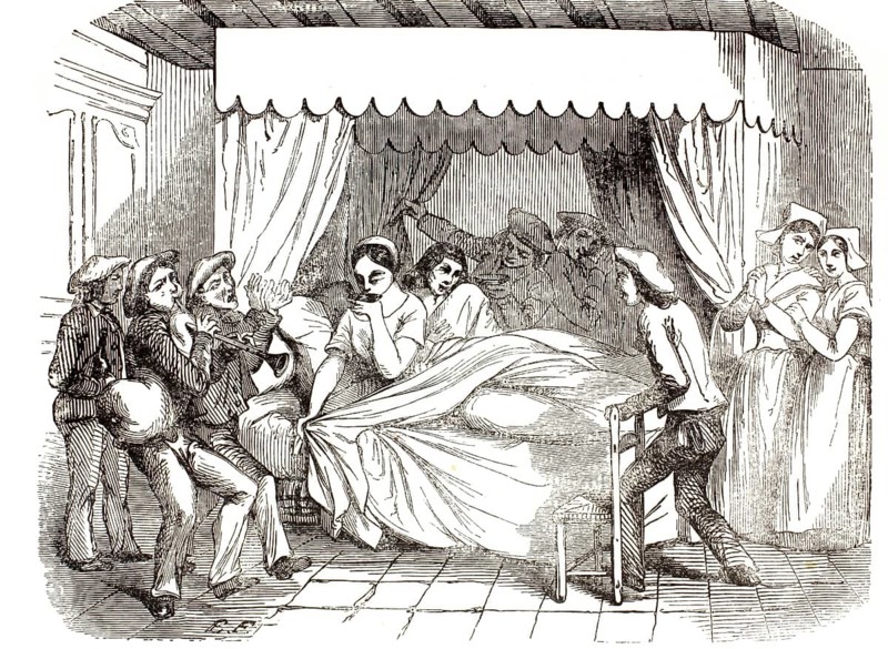 La rotie, a quirky French wedding custom. After the wedding reception, the bride and groom traditionally retire to their wedding bed. In the early hours of the morning, a group of unmarried wedding guests (often accompanied by a great deal of noise, drumming or music) storm into the bedroom. They bring the newlyweds a chamber pot filled with a mixture that looks deliberately unappetising but is actually nutritious. The newlyweds are woken up in bed and forced to be the first to drink from this chamber pot, symbolically proving that they are ready for the intimacy and the unvarnished realities of married life. Illustration, reproduction of a 19th-century original. Authentic, file restored for optimal use, exact date of the original unknown, historical