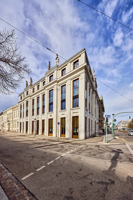 Berliner Volksbank eG, historic commercial building, general architecture, road, cycle path, traffic lights, cars, branches, blue sky, cumulus clouds, cirrus clouds, intersection of Yorckstraße, Friedrich-Ebert-Straße and Am Kanal, Potsdam, state capital, district-free city, Brandenburg, Germany
