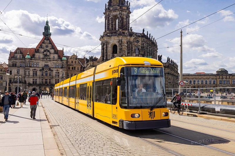 DVB tram on Augustus Bridge, Dresden, Saxony, Germany