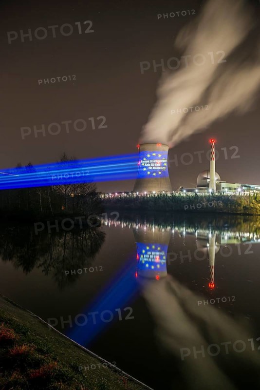 Protest action broadcast by the anti-nuclear organization, projection, night view, 05-03-2026, Waldshut, Leibstadt nuclear power plant, Rhine, Upper Rhine, Canton of Aargau, Switzerland