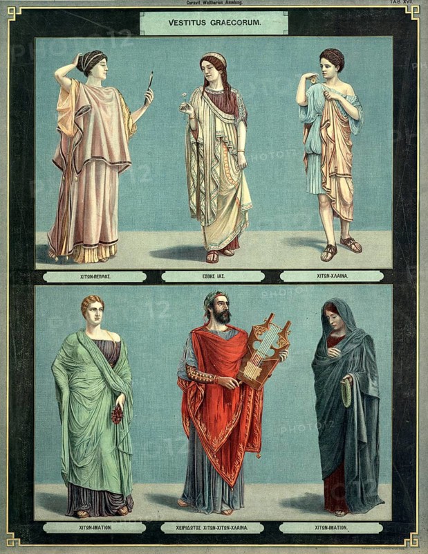 Various ancient Greek clothing styles, figures in traditional clothing such as Chiton, Peplos and Himation, Greece, historical school painting or mural from around 1900, high-quality reproduction