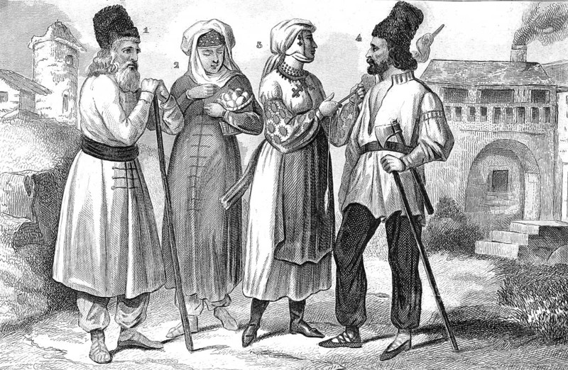Traditional clothing styles and culture from the 19th century. Farmers from Flipovan in Bukovina and Russian farmers from the Palatine of Marmaros, illustration, reproduction from a model from the 19th authentic, file restored for optimal use, exact date of original unknown, historical
