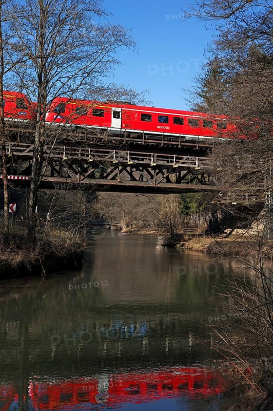 A heritage-protected railway bridge from the 19th century below the Pegnitz, above a regional railway, Velden, Middle Franconia, Bavaria, Germany
