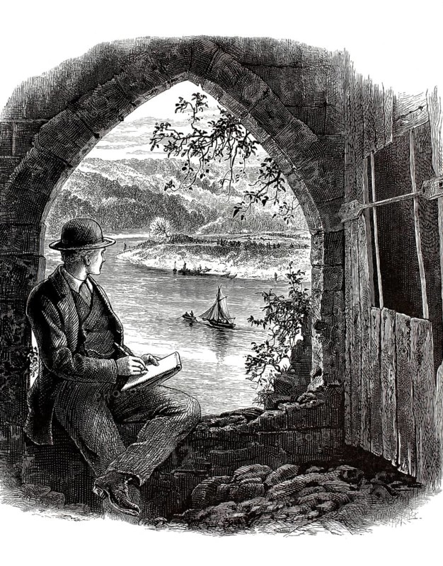 River Wye, Welsh Afon Gwy, river in Wales and England, seen from Chepstow. Man with a sketchpad sitting in a ruined window, illustration, reproduction from a 19th century model. Authentic, file restored for optimal use, exact date of submission unknown, historical