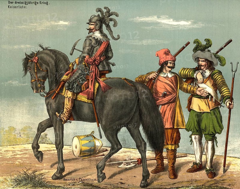 Imperial soldiers and a horseman, Gottfried Heinrich, Count of Pappenheim, from the period of the Thirty Years' War (1618–1648) . He is wearing the typical half-armour of the cuirassiers, a heavy cavalry helmet, a Zischägge with a distinctive plume, and is holding a cavalry hammer, or war hammer, in his hand. Contemporary weapons are depicted, such as a halberd, muskets and a flintlock rifle, school picture, illustration, reproduction of a 19th-century original. School picture, wall hanging, authentic, file restored for optimal use, exact date of the original unknown, historical